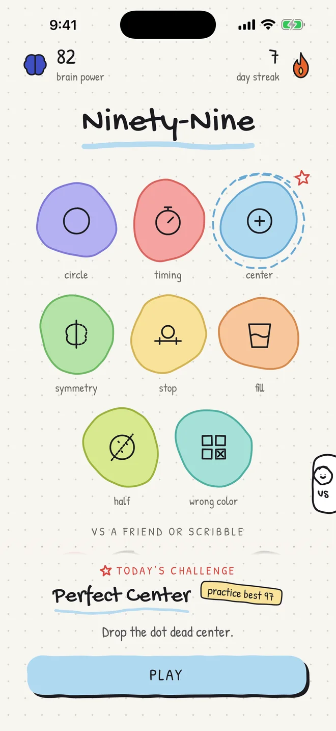 The Ninety-Nine home screen: a notebook page of colourful blobs, one for each game, with brain power and a day streak.
