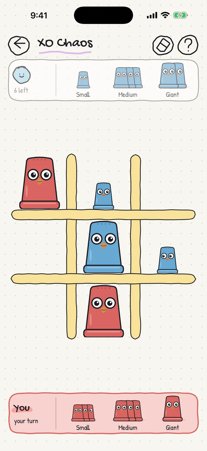 XO Chaos in Ninety-Nine: tic-tac-toe with red and blue monsters in three sizes.